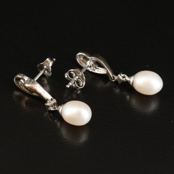 Genuine Pearl & Diamond Earrings 14k Rose Gold Accent 925 Sterling Silver - Picture 3 of 5